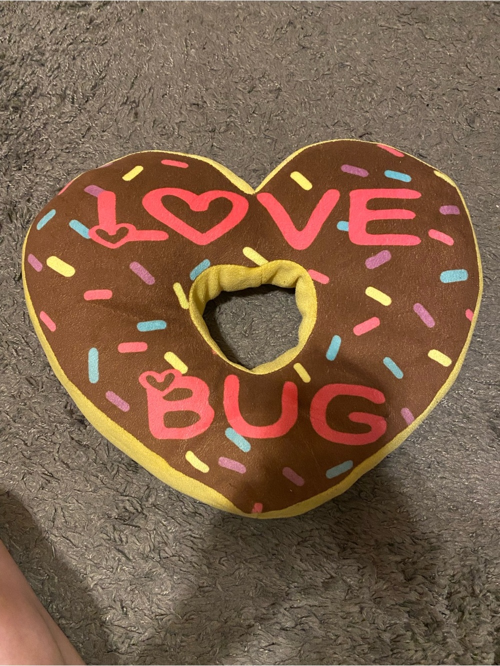 Heart Donut Plush Pillow "LOVE BUG" - Brown with Yellow Trim
